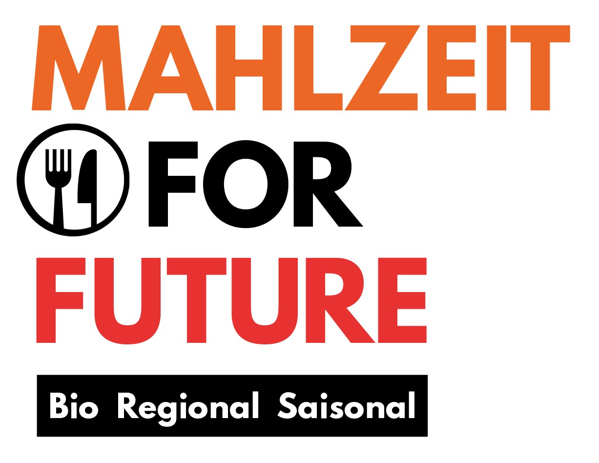 Logo des Projekts Mahlzeit for Future, das Messer und Gabel zeigt sowie die Ergänzung "Bio, regional, saisonal"