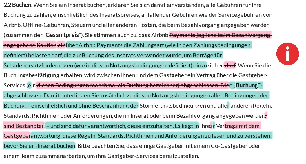 Ausschnitt aus den AGB von airbnb mit zusätzlichen Infos