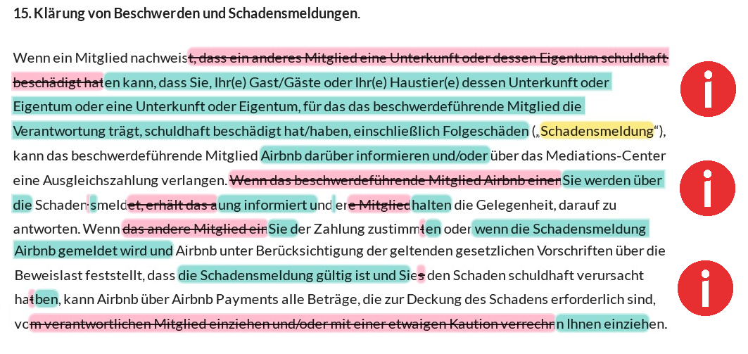 Ausschnitt aus den AGB von airbnb mit zusätzlichen Infos