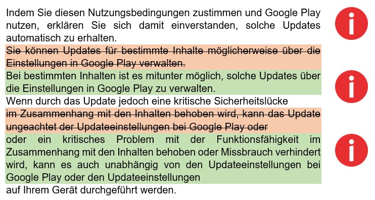 Screenshot der AGB von Google mit rot/grün hervorgehobenen Änderungen