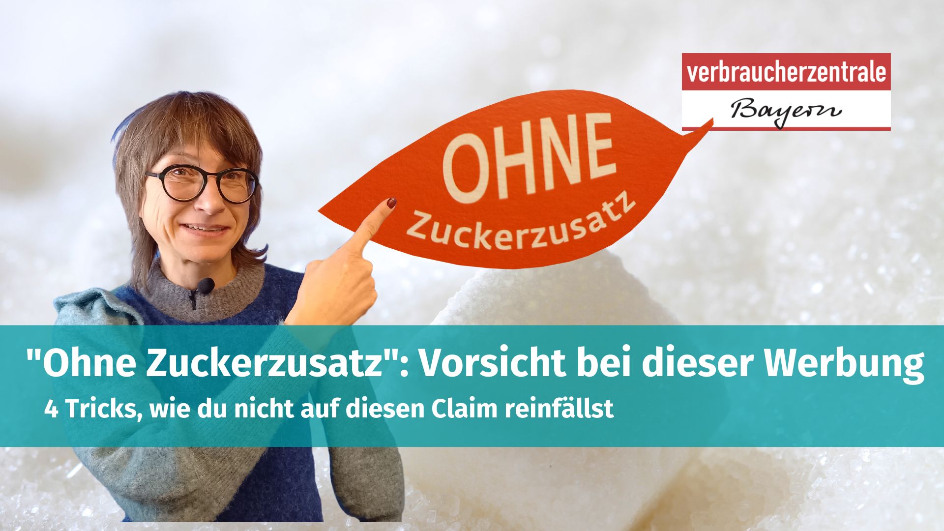 Thumbnail zum Video; Daniela Krehl zeigt auf Logo mit "Ohne Zuckerzusatz"