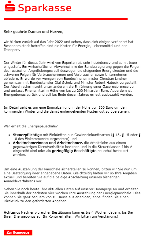 Screenshot einer E-Mail mit Sparkasse-Logo