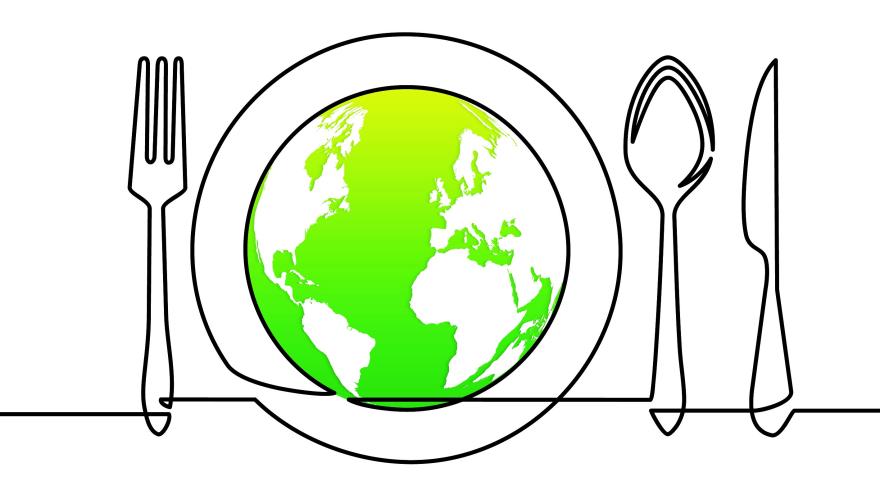 Das Logo zeigt einen Teller als Weltkugel, daneben liegt Besteck.