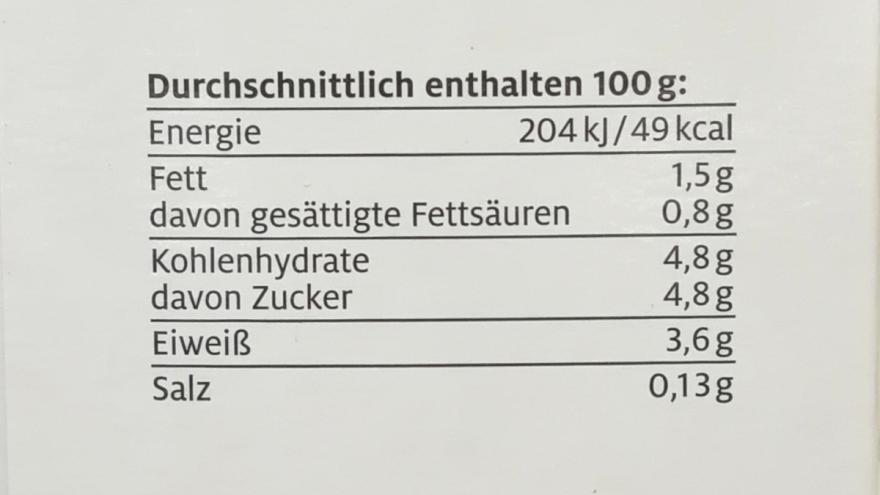 Das Foto zeigt die Nährwertangaben eines Lebensmittels bezogen auf 100 Gramm.