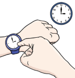 Zeichnung: Handgelenk mit Armbanduhr. Der Finger der anderen Hand zeigt auf die Uhrzeit und im Hintergrund hängt noch eine Uhr.