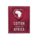 Grafik: Siegel von Made in Afrika, Bild des Kontinents Afrika in einem Herz auf rotem Hintergrund