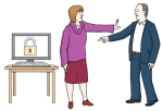 Grafik: Eine Frau steht vor einem PC und macht eine abwehrende Geste mit der Hand. Einem Mann wird dadurch der Zugriff auf den PC verweigert.